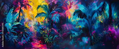 Neon colorful tropical forest painted art in pink, yellow, blue orange, red colours. Palm tree and banana tree leaves graphic for copy space by Vita © Vita