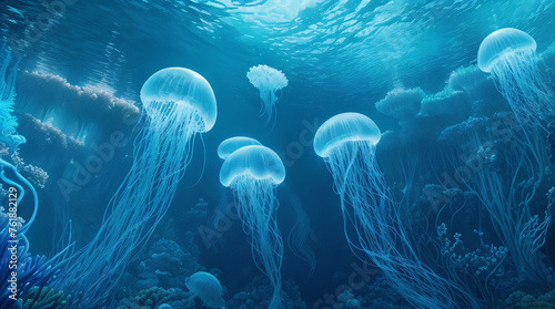 "Surreal underwater jellyfish garden - Luminescent jellyfish float gracefully amidst swirling currents of turquoise and indigo, transporting viewers to a surreal aquatic paradise, suitable for imagina