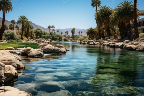 A stream cutting through rocks and palm trees in the arid desert landscape