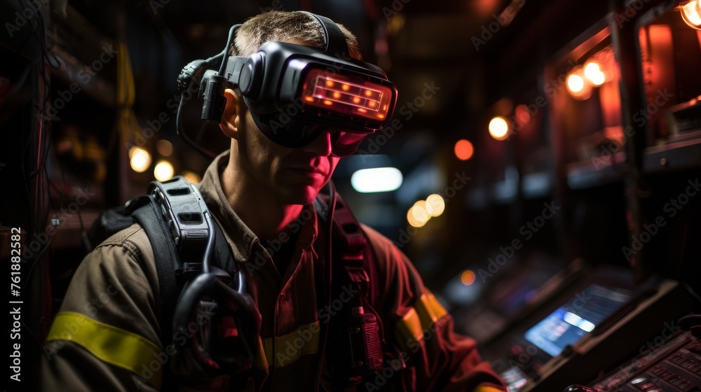 Man Wearing Virtual Reality Headset in Dark Room Man Wearing Virtual Reality Headset in Dark Room