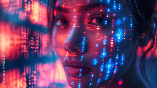 Woman's face with lights and digital reflections from computer screen, futuristic technology concept
