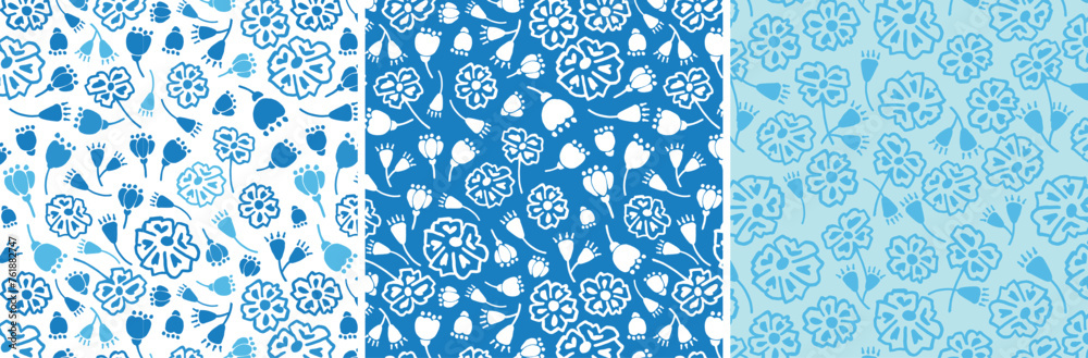 Hand-drawn Flowers Seamless Pattern in flat blue and white. Contemporary Floral seamless Pattern. Minimalist Hand-drawn Flowers Seamless Pattern in flat blue and white. Contemporary Floral seamless Pattern. Minimalist