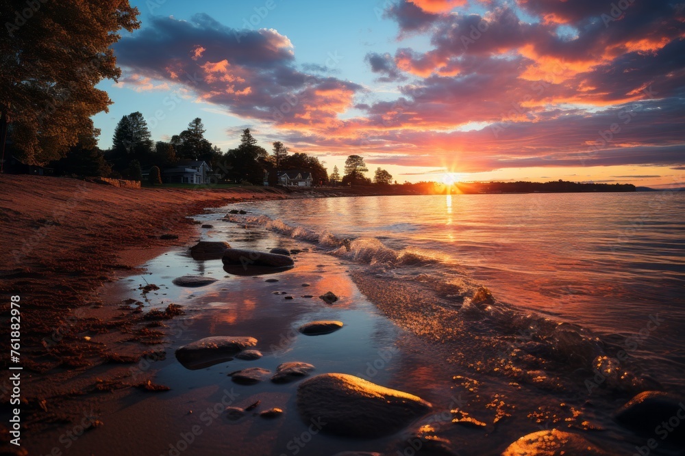 a sunset over a lake with rocks on the shore
