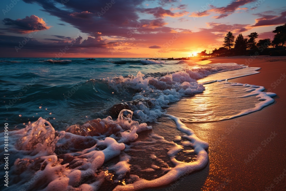 Water waves crash on the beach under the sunset sky - obrazy, fototapety, plakaty 
