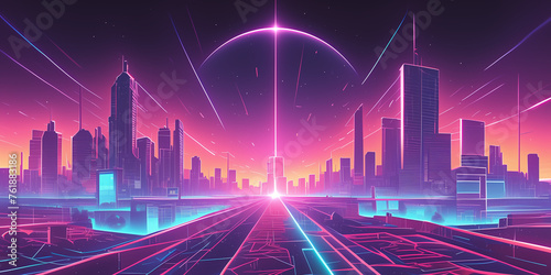Beautiful Synthwave Cityscape at Sunset With Neon Lights and Skyscrapers.