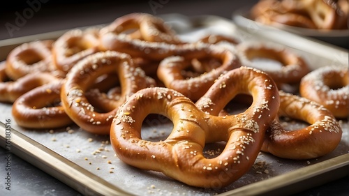 A tray of golden brown pretzels, fresh from the oven and sprinkled with coarse salt --ar 3:2 --v 4