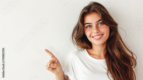  Smiling woman with long brown hair, casually dressed, pointing to a blank banner for your text, engaging directly with viewers on an isolated background.