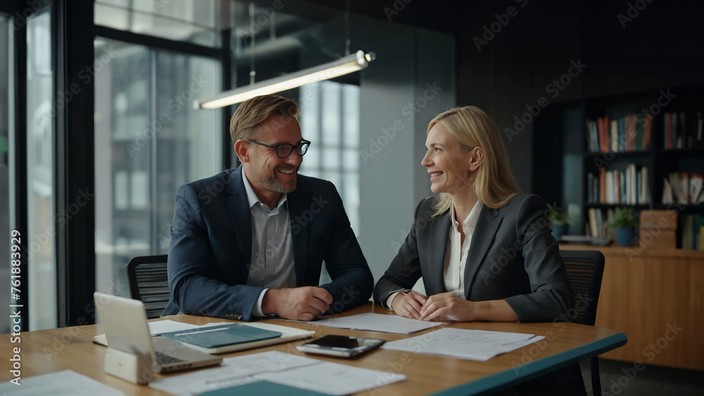 portrait of two business colleagues shows them talking to each other.