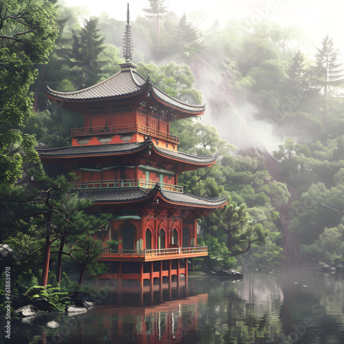 pavilion in the park, Old Japanese Temple Near Small Waterfall