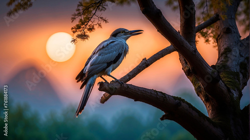 A large bird sits nestled on a knotted tree branch, its bright plumage reflecting the ethereal light of the moon.
 photo