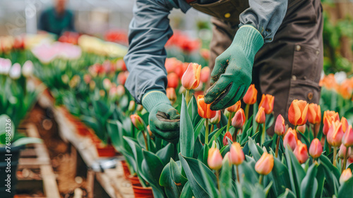 
In an urban greenhouse, a man in workwear transfers tulips between planters with vibrant colors under natural light, showcasing diligent gardening.