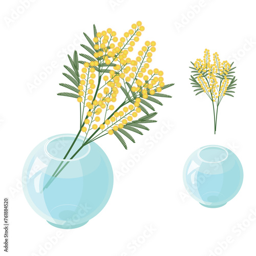 ガラスの花瓶に生けられたミモザのセット_アイソメトリックのイラスト