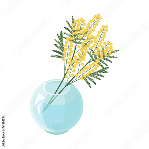 ガラスの花瓶に生けられたミモザ_アイソメトリックのイラスト