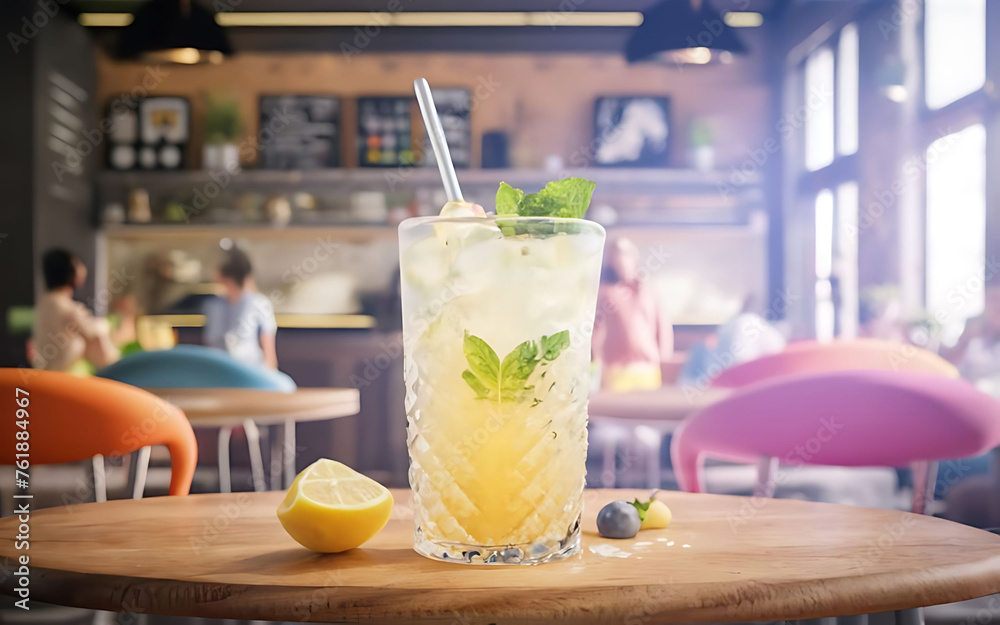 A refreshing mojito cocktail with mint leaves sits in a tall glass on a weathered wooden table A refreshing mojito cocktail with mint leaves sits in a tall glass on a weathered wooden table