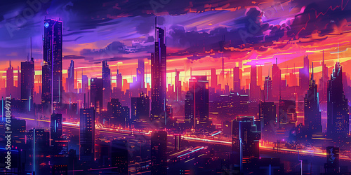 Beautiful Futuristic Cityscape Painting at Twilight With Vivid Pink and Purple Skyline