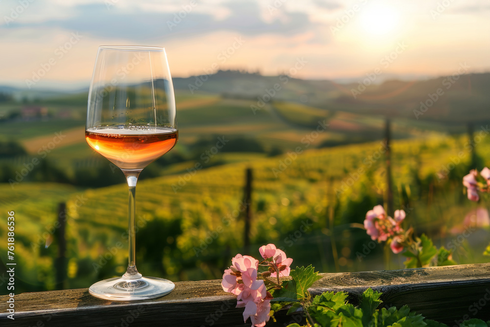 Serene sunset view over a vineyard with a glass of rosé, bordered by delicate blooms. AI Generative.