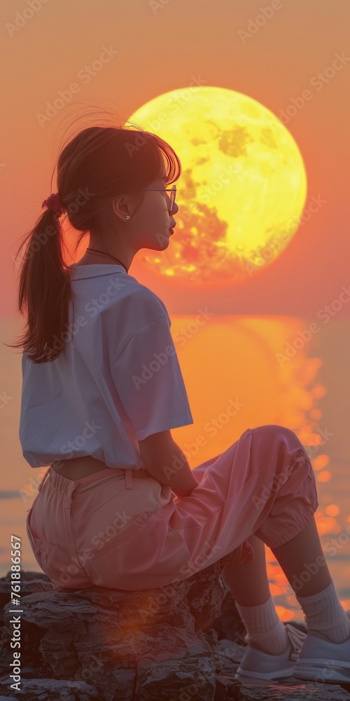 Solitary Figure Watching a Giant Moon at Sunset