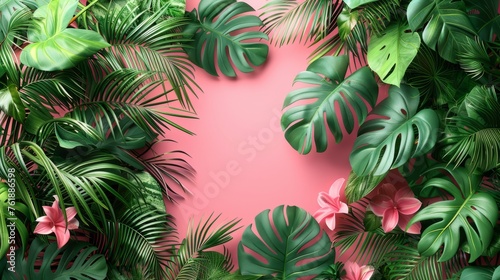 Pastel pink background with tropical leaf palm, monstera with a place for your product, copy space. --chaos 20 --ar 16:9 --stylize 600 Job ID: 08ce4c1d-09d8-43dd-bfb1-e678342061fc