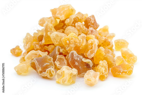 Frankincense or olibanum aromatic resin isolated on white background used in incense and perfumes.