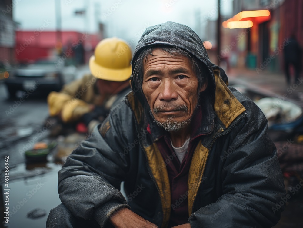 Man in Yellow Hat Sitting on Street Man in Yellow Hat Sitting on Street