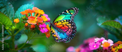 Vibrant and colorful butterfly perched gracefully on a flower petal, creating a cheerful nature scene.