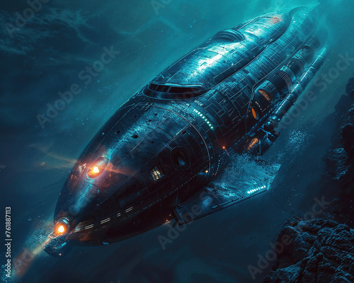 Futuristic Alien Spaceship Submarine Vessel Exploring the Mysterious Depths of an Oceanic Abyss with Illuminated Lights