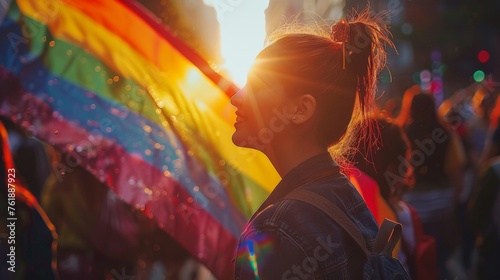 Diverse individuals joyously wave rainbow flags, celebrating LGBTQ representation at festival, smiles reflecting acceptance and unity triumph.
 photo