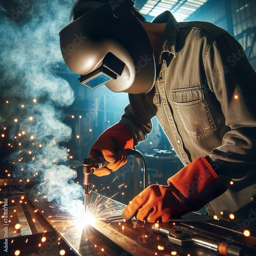 Welder with sparks flying, showcasing a skilled tradesperson working on a metal fabrication project wearing safety gear , welding industry concept.