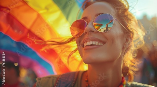 At vibrant LGBTQ festival, people unite with beaming smiles and rainbow flag, embodying inclusivity and representation, amplifying human identity's vibrant tapestry. 