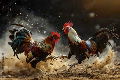 Two Roosters fight in farm at morning