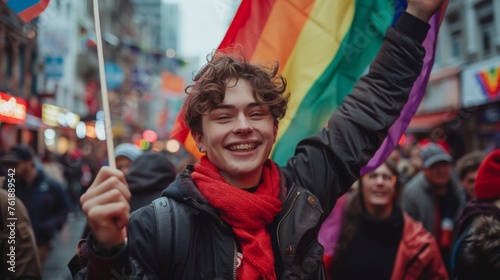 In the lively LGBTQ festival ambiance, portraits showcase people embracing identities, waving rainbow flag with beaming smiles, symbolizing strength in unity and diversity.
