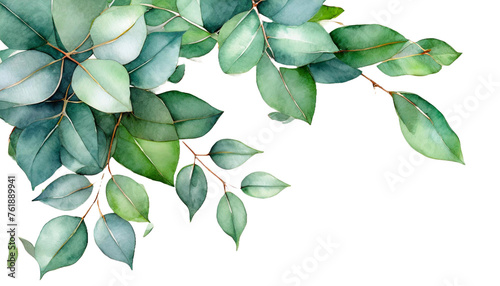 watercolor hanging floral frame with eucalyptus green leaves and branch with branch and leaves isolated on white background, corner border, PNG fressia flower