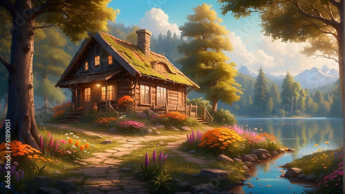 Step back in time to the 60s with this unique shack surrounded by a colorful path of flowers, lush trees, and a tranquil lake. The oil painting style adds a touch of nostalgia to this visually descrip photo