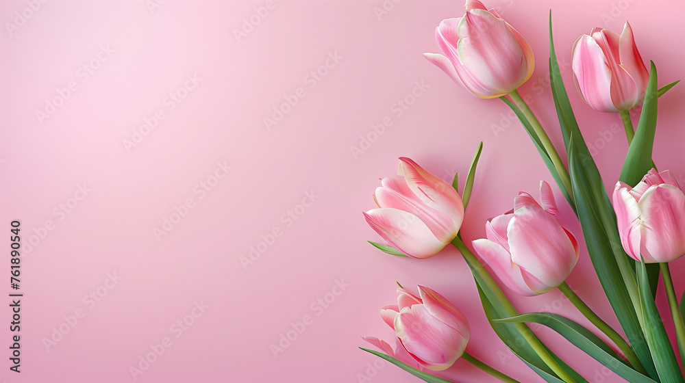 Light pink background with delicate tulips, creating an elegant and romantic atmosphere for Mother's Day or Women's day. A perfect backdrop to emphasize feminine themes or showcase products. High reso Light pink background with delicate tulips, creating an elegant and romantic atmosphere for Mother's Day or Women's day. A perfect backdrop to emphasize feminine themes or showcase products. High reso