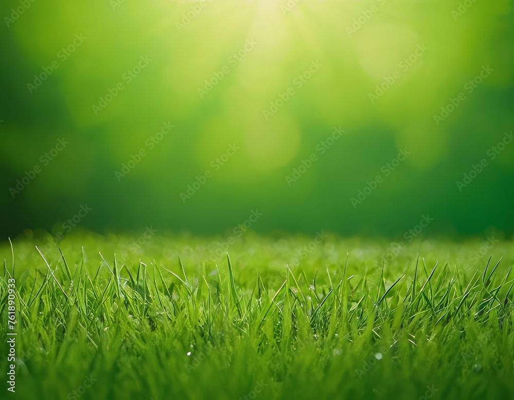 Fototapeta premium Green grass, against a background of blurred nature. Spring and summer concept. grass texture, blurred background, sun rays. Nature concept. Copy space for text.
