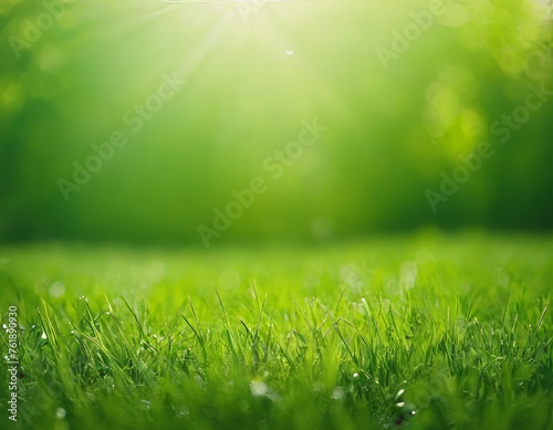 Green grass  against a background of blurred nature. Spring and summer concept. grass texture  blurred background  sun rays. Nature concept. Copy space for text.