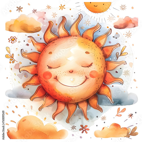 adorable sun with face, soft baby watercolor, smiling, surrounded by clouds, pastel colors, childrens book illustration, soft misty dreamy flat color
