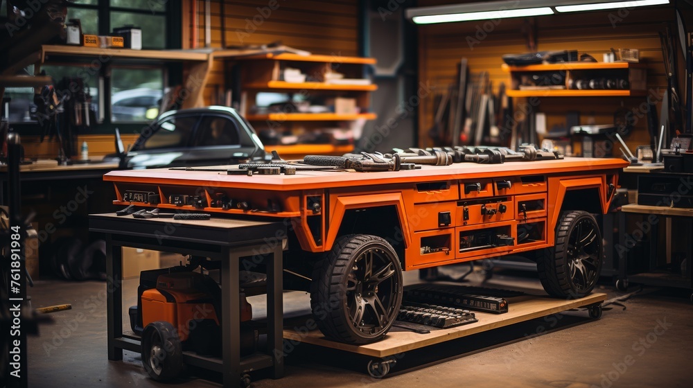 Fototapeta premium Orange Work Bench in Garage With Car