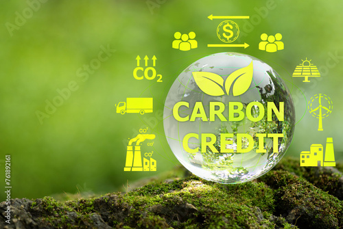 Carbon credit text on crystal globe on natural background and icons.