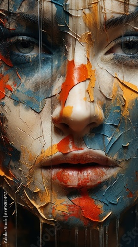 Womans Face Painted With Various Colors