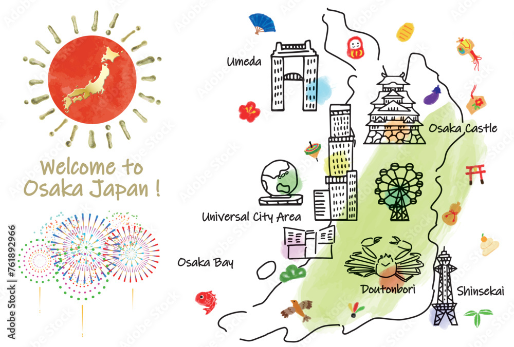Obraz premium かわいい大阪の観光地イラストマップ手描き線画