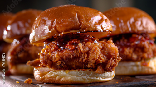 a close-up of three fried chicken sandwiches with a glossy bun, showing the crispy chicken and sauce in detail.