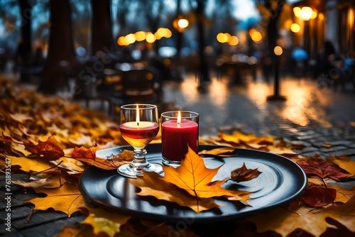 street caffee candle light and glass wine on table and yellow leaves fall evening city lifestyle photo