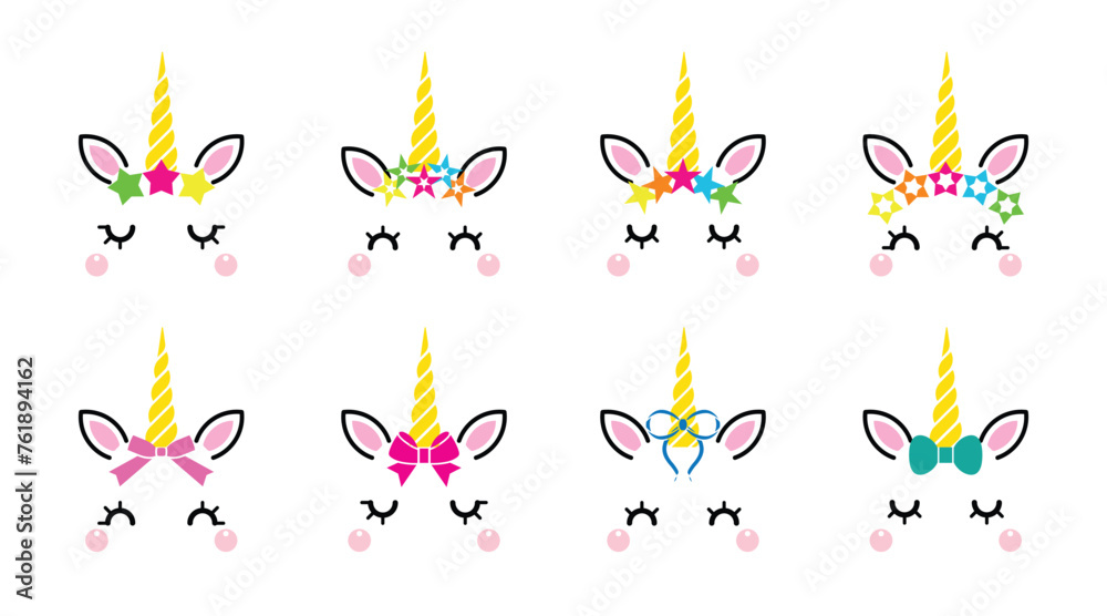 Eight unicorn heads with bow tie ribbon and adorned with stars set isolated on white background. Vector cartoon character illustration. Design for child card, t-shirt. girls, kid. 