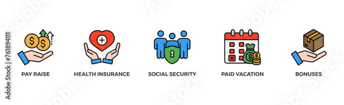 Employee benefits banner web icon vector illustration concept with icon of pay raise, health insurance, social security, paid vacation and bonuses