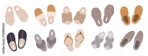 Home footwear. Cozy domestic slippers, flip flops, clogs and fluffy slippers, male and female textile house shoes flat vector illustration set. Soft indoor outfit elements