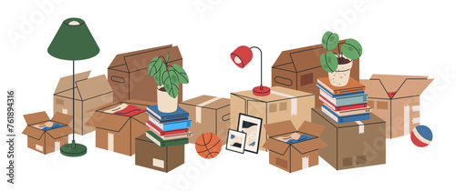 New house moving boxes. Moving stuff in stacked cardboard boxes, carton moving boxes with books, clothes and pot plants flat vector background illustration. Hand drawn moving boxes