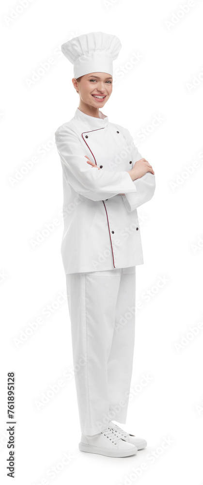 Happy woman chef in uniform on white background