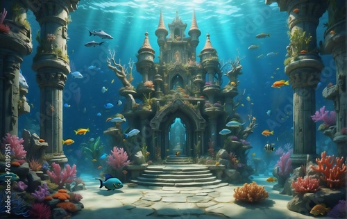 an underwater castle with a throne guarded by dragons, filled with fighting fishman warriors