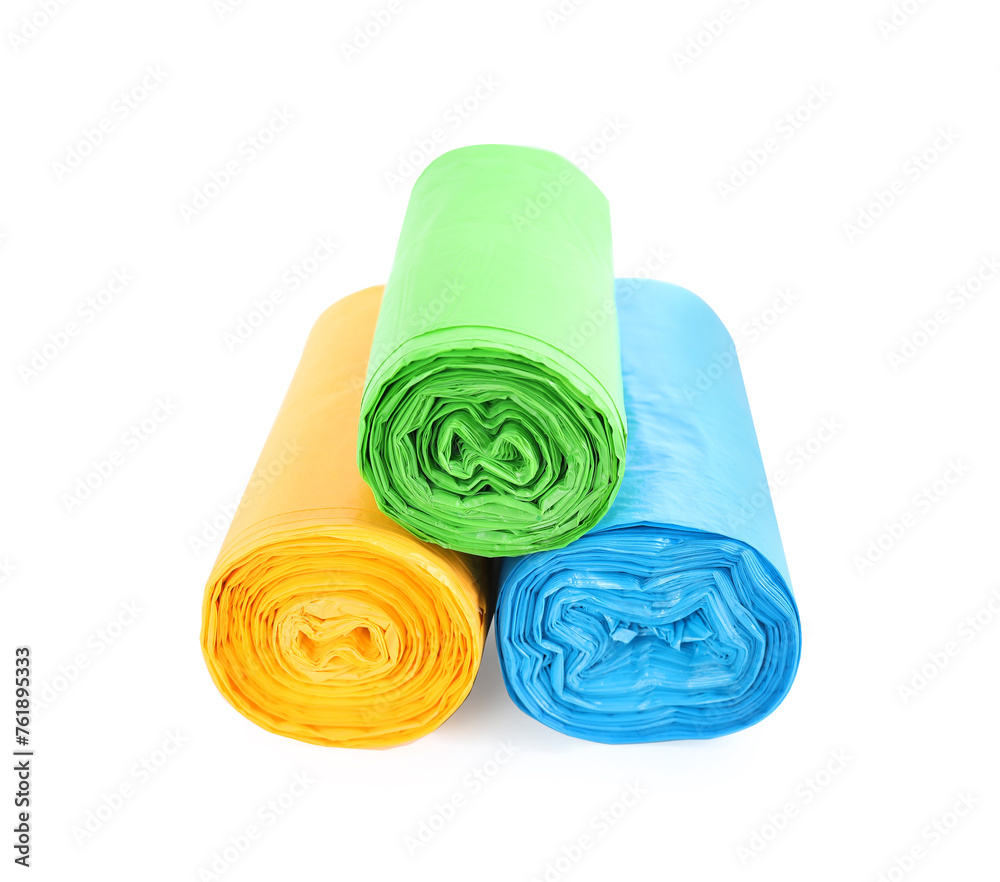 Rolls of colorful garbage bags isolated on white Rolls of colorful garbage bags isolated on white
